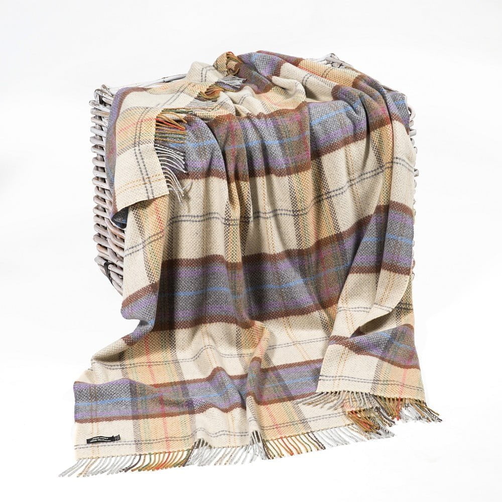 Manta de cachemira merino a cuadros gris mostaza