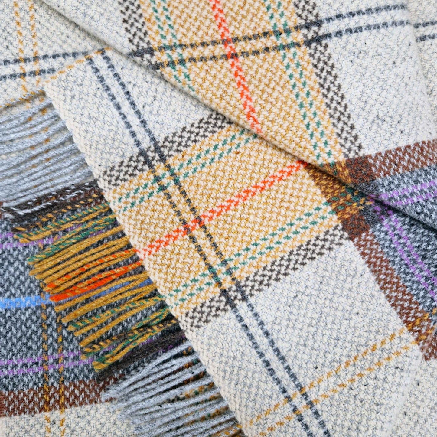 Manta de cachemira merino a cuadros gris mostaza
