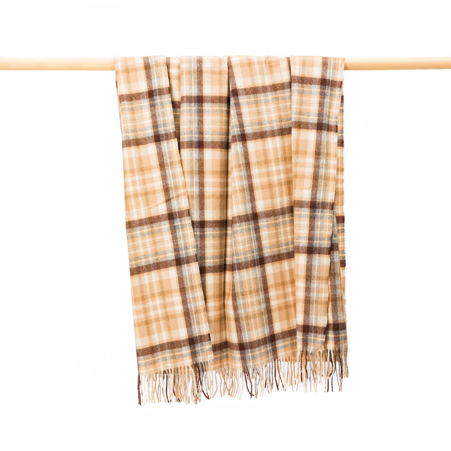 Manta de lana de cordero color camello, gris plata, crema y marrón a cuadros